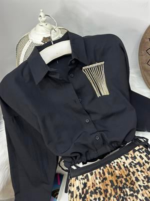 Poplin Kumaş Beli İp Büzgülü Crop Gömlek