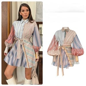Poplin Kumaş Çizgi Desen Balon Kol Tasarım Gömlek Elbise
