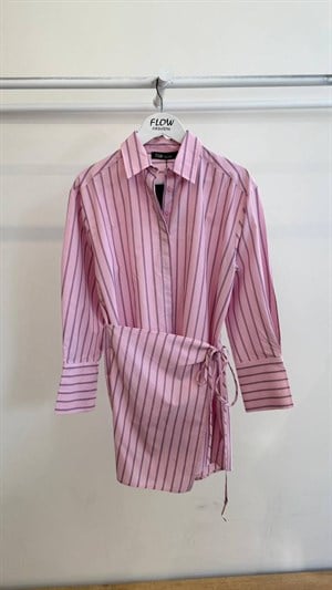 Poplin Kumaş Çizgi Desen Pembe Gömlek Elbise
