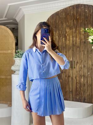 Poplin Kumaş Çizgi Desen Pileli Şort Etek & Crop Gömlek İkili Takım