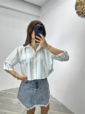 Poplin Kumaş Çizgi Desen Süs Cepli Gömlek 
