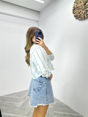 Poplin Kumaş Çizgi Desen Süs Cepli Gömlek 