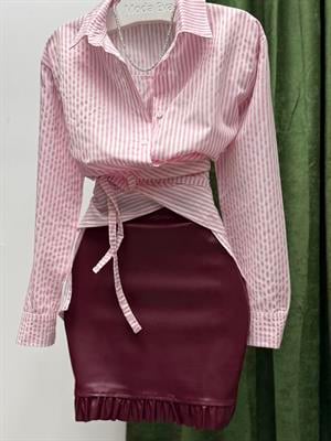 Poplin Kumaş Çizgi Desen Tasarım Gömlek Pembe