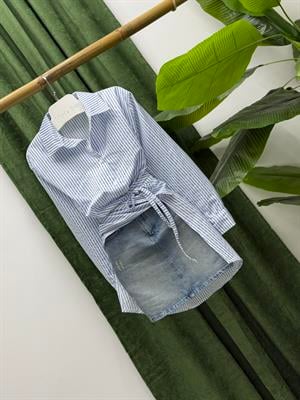 Poplin Kumaş Çizgi Desen Tasarım Gömlek Mavi