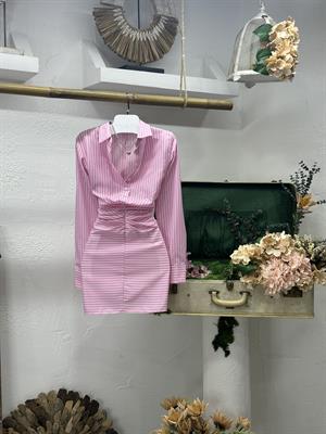 Poplin Kumaş Drape Detaylı Çizgi Desen Gömlek Elbise