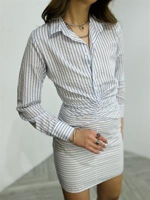 Poplin Kumaş Drape Detaylı Çizgi Desen Gömlek Elbise