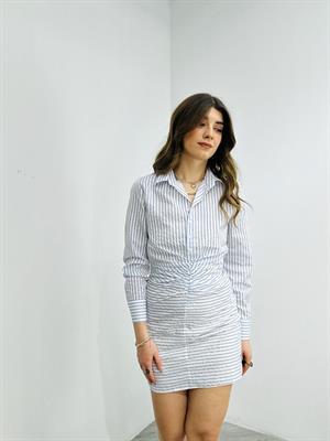 Poplin Kumaş Drape Detaylı Çizgi Desen Gömlek Elbise