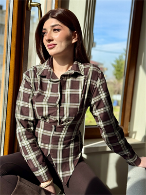 Poplin Kumaş Ekose Desen Gizli Fermuarlı Gömlek Kahverengi