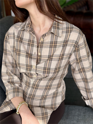 Poplin Kumaş Ekose Desen Gizli Fermuarlı Gömlek Krem