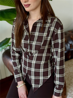 Poplin Kumaş Ekose Desen Gizli Fermuarlı Gömlek Kahverengi