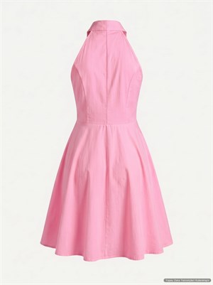 Poplin Kumaş İnci Düğmeli Yanlar Cepli Kloş Gömlek Elbise Pembe