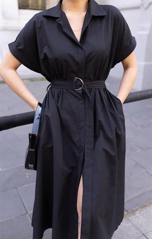 Poplin Kumaş Kemer Detaylı Cepli Uzun Elbise