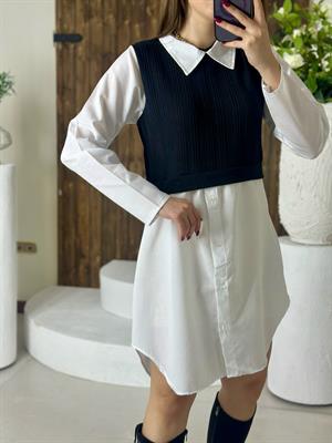 Poplin Kumaş Triko Detaylı Gömlek Elbise