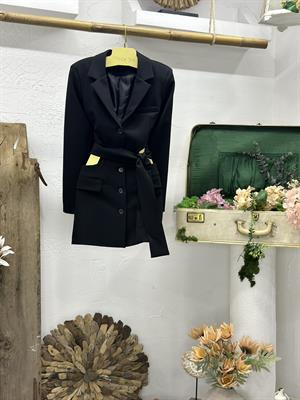 Premium Kalite Crep Kumaş  Astarlı Bel Dekolteli Astarlı Siyah Ceket Elbise