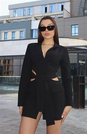 Premium Kalite Crep Kumaş  Astarlı Bel Dekolteli Astarlı Siyah Ceket Elbise