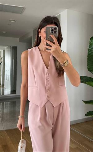 Premium Kalite Crep Kumaş Astarlı Yelek Palazzo Pantolon İkili Takım Pudra