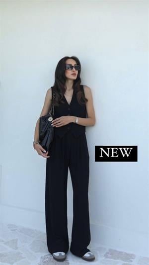 Premium Kalite Crep Kumaş Astarlı Yelek Palazzo Pantolon İkili Takım Siyah