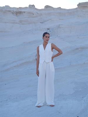 Premium Kalite Crep Kumaş Astarlı Yelek Palazzo Pantolon İkili Takım Beyaz