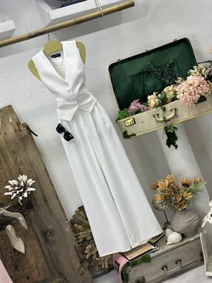 Premium Kalite Crep Kumaş Astarlı Yelek Palazzo Pantolon İkili Takım Beyaz