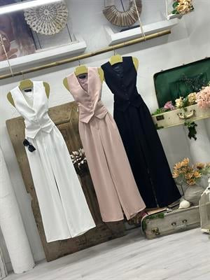 Premium Kalite Crep Kumaş Astarlı Yelek Palazzo Pantolon İkili Takım Beyaz