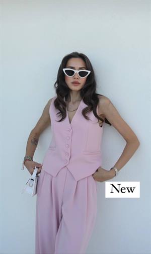 Premium Kalite Crep Kumaş Astarlı Yelek Palazzo Pantolon İkili Takım Pudra