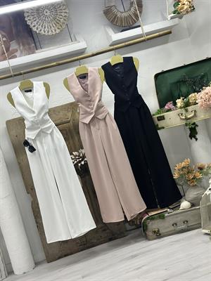 Premium Kalite Crep Kumaş Astarlı Yelek Palazzo Pantolon İkili Takım Pudra