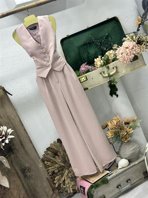 Premium Kalite Crep Kumaş Astarlı Yelek Palazzo Pantolon İkili Takım Pudra