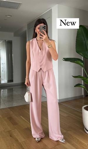 Premium Kalite Crep Kumaş Astarlı Yelek Palazzo Pantolon İkili Takım Pudra
