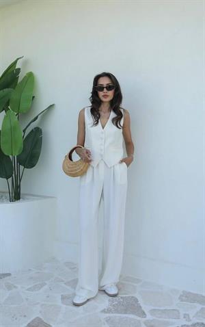 Premium Kalite Crep Kumaş Astarlı Yelek Palazzo Pantolon İkili Takım Beyaz