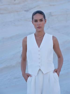 Premium Kalite Crep Kumaş Astarlı Yelek Palazzo Pantolon İkili Takım Beyaz