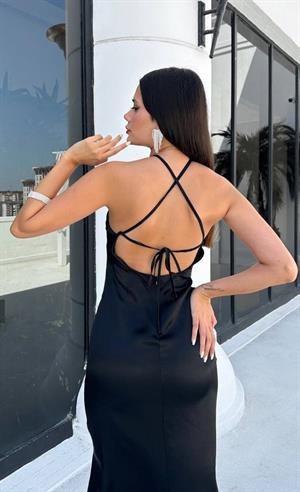 Premium Kalite Saten Kumaş Sırt Detay Elbise Siyah