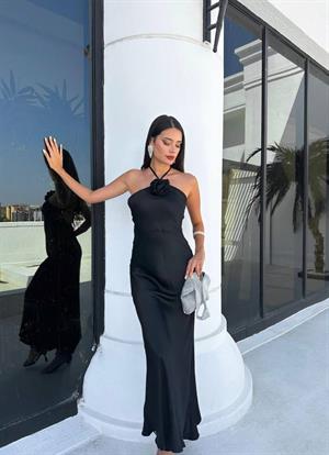 Premium Kalite Saten Kumaş Sırt Detay Elbise Siyah