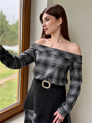 Premium Seri Ekose Desen Madonna Yaka Süet Detaylı Uzun Elbise 
