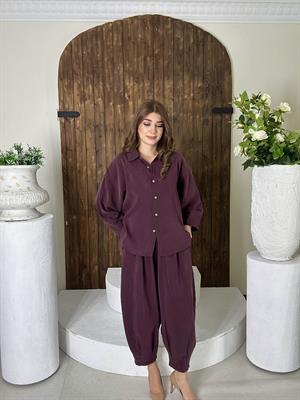 Premium Seri Trikoton Kumaş Beli Lastikli Rahat Pantolon Gömlek İkili Takım Bordo
