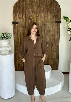 Premium Seri Trikoton Kumaş Beli Lastikli Rahat Pantolon Gömlek İkili Takım Kahverengi
