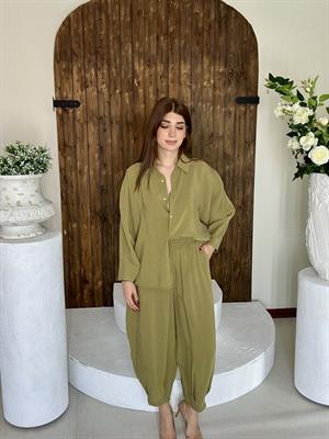 Premium Seri Trikoton Kumaş Beli Lastikli Rahat Pantolon Gömlek İkili Takım Yağ Yeşili