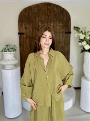 Premium Seri Trikoton Kumaş Beli Lastikli Rahat Pantolon Gömlek İkili Takım Yağ Yeşili