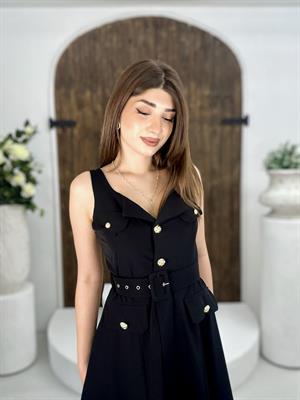 Premium Seri Trikoton Kumaş Kemerli Gold Düğmeli Midi Elbise 