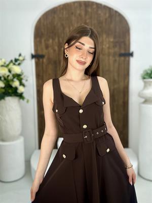 Premium Seri Trikoton Kumaş Kemerli Gold Düğmeli Midi Elbise Kahverengi