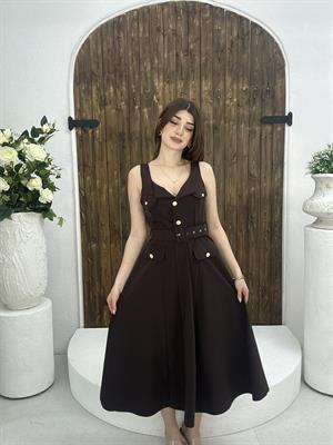 Premium Seri Trikoton Kumaş Kemerli Gold Düğmeli Midi Elbise Kahverengi