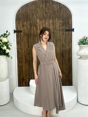 Premium Seri Trikoton Kumaş Kemerli Midi Boy Gömlek Elbise Vizon 