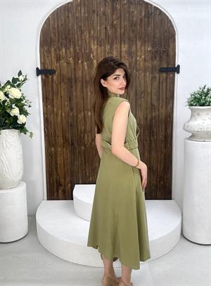 Premium Seri Trikoton Kumaş Kemerli Midi Boy Gömlek Elbise Haki