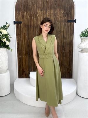 Premium Seri Trikoton Kumaş Kemerli Midi Boy Gömlek Elbise Haki
