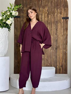 Premium Seri Trikoton Kumaş Lastikli Pantolon Tek Düğme Bluz Takım