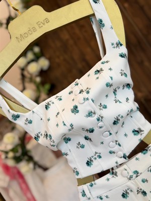 Premium Series Atlas Kumaş Çiçek Desenli Pantolon Crop İkili Takım Yeşil