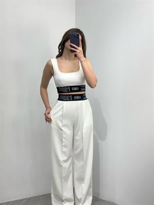 Premium Series Beli Kalın Lastikli Beyaz Palazzo Pantolon 