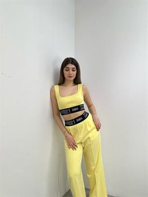 Premium Series Beli Kalın Lastikli Göğüs Dolgulu Crop Sarı