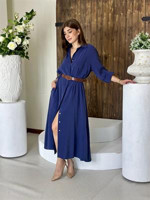 Premium Series Trikoton Kumaş Kemerli Uzun Gömlek Elbise Lacivert