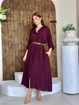 Premium Series Trikoton Kumaş Kemerli Uzun Gömlek Elbise Mürdüm