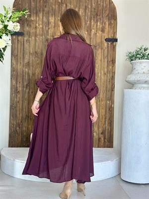 Premium Series Trikoton Kumaş Kemerli Uzun Gömlek Elbise Mürdüm